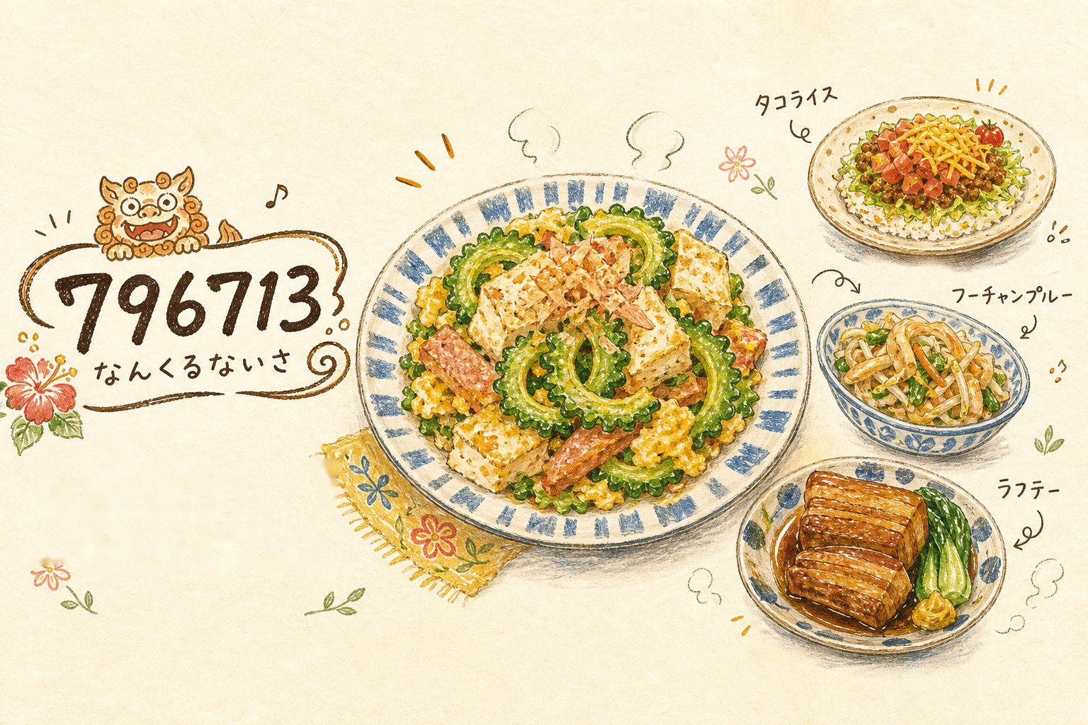 796713 なんくるないさ ― 沖縄の台所を、手描き風レシピアートに。ゴーヤーチャンプルー・タコライス・フーチャンプルー・ラフテー